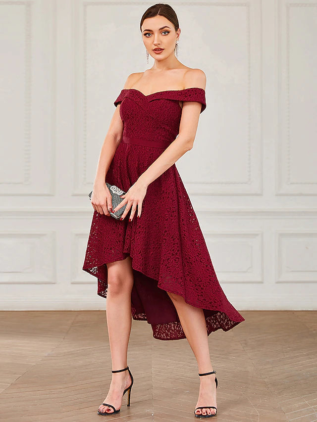 Back view of the vintage A-line off-shoulder lace pleated asymmetrical homecoming dress.