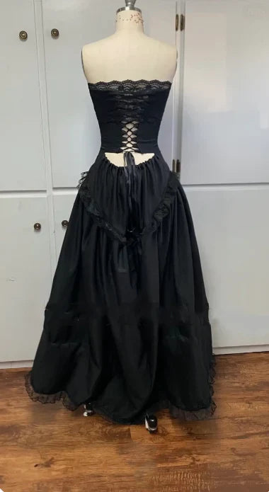 Back view of the lace-up detail on the vintage A-line prom dress.