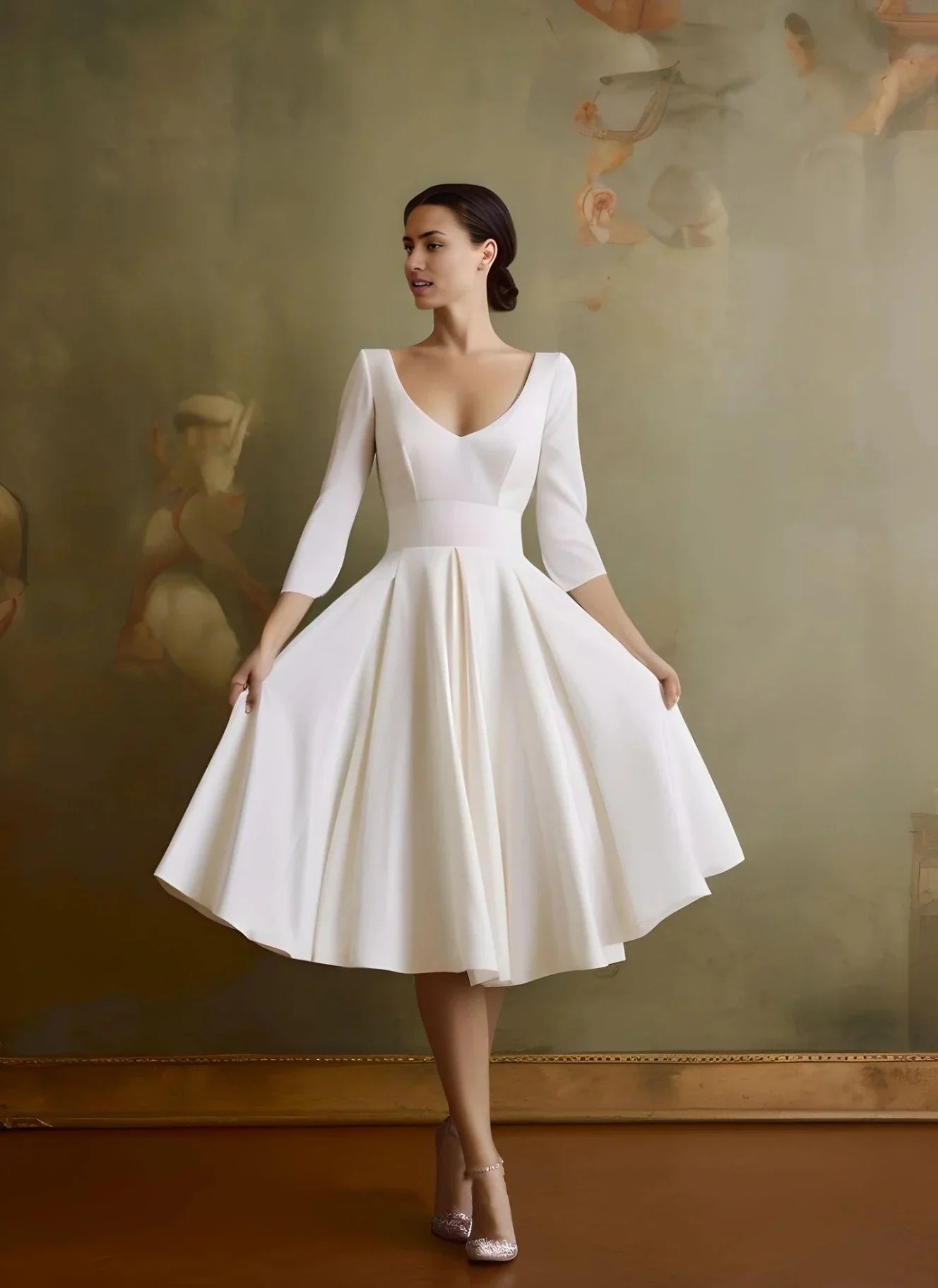 Elegant vintage A-line V-neck satin tea length wedding dress.