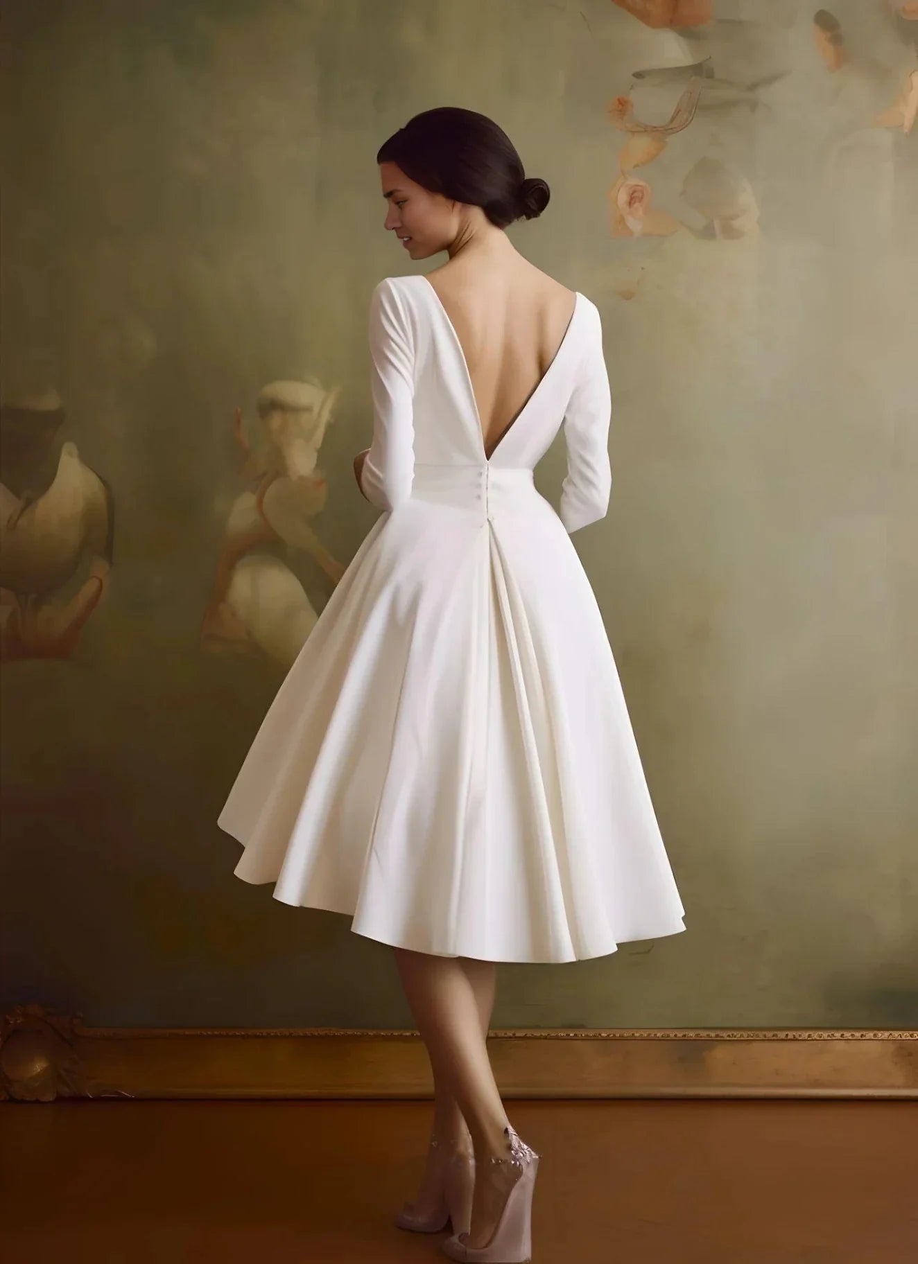 Full view of the vintage A-line V-neck satin tea length wedding dress.