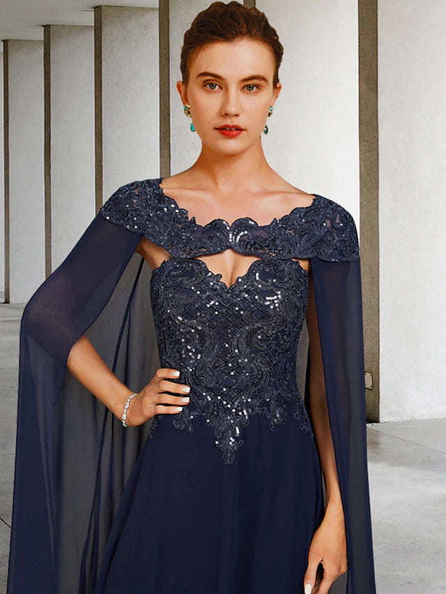 Two-piece strapless floor-length gown in chiffon and lace.