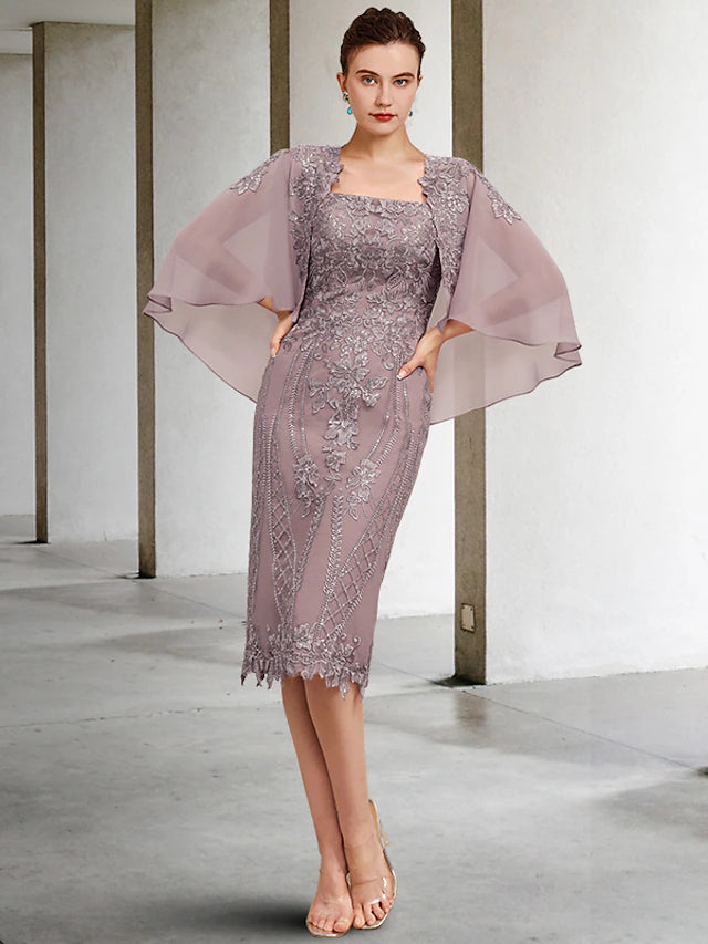 Vintage elegant sheath Mother of the Bride dress with lace jacket and appliques.
