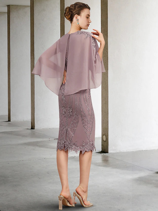 Side view of the elegant knee-length Mother of the Bride dress.