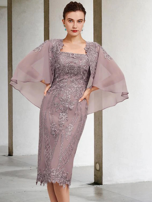 Close-up of the square neckline and lace details on the Mother of the Bride dress.
