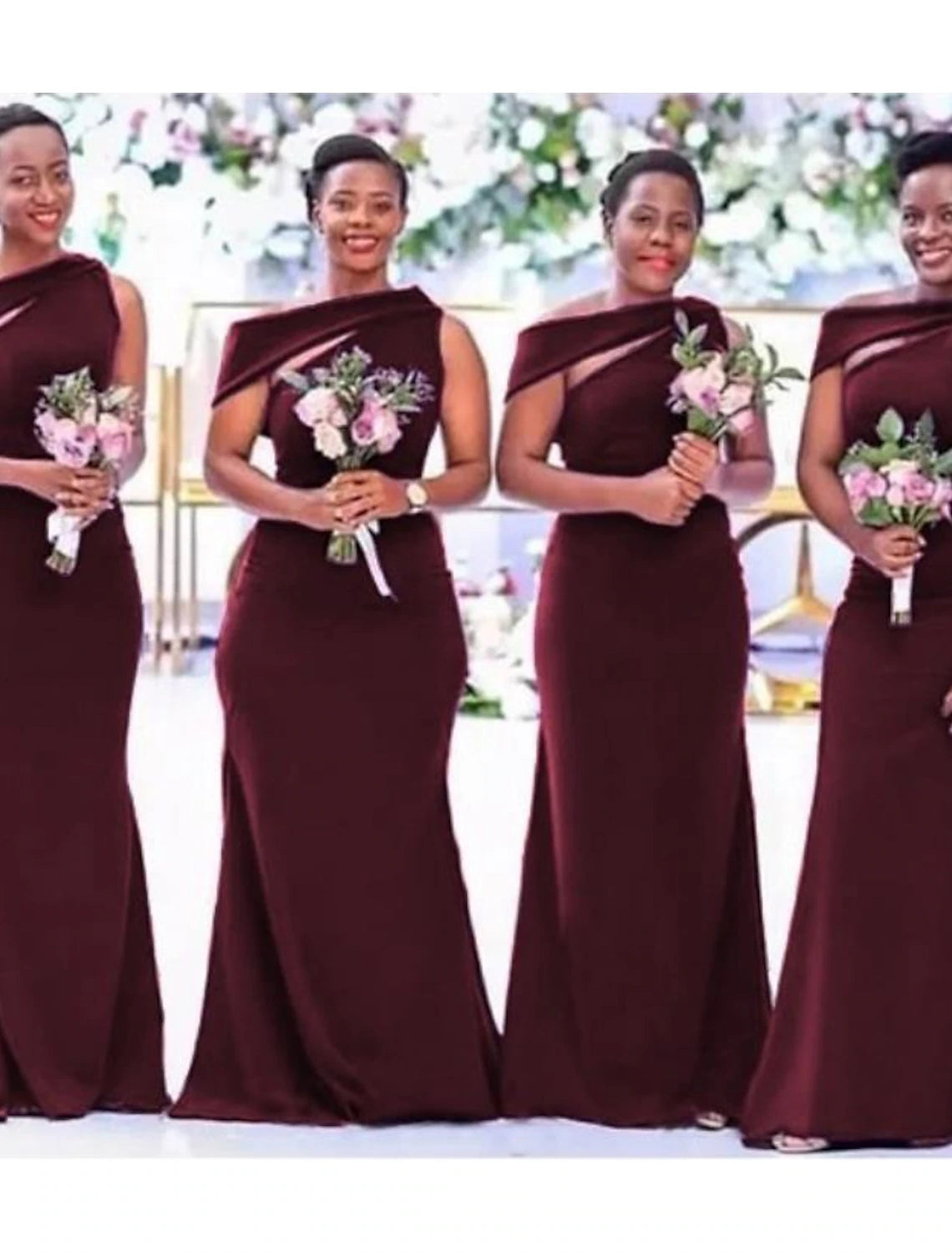Elegant one-shoulder sheath bridesmaid dress in a solid color with pleats and a sweep train.