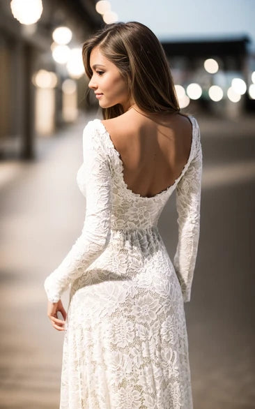 Vintage Floral Boho Lace Fall Autumn Wedding Dress with Sleeves Modest Long Sleeve Boat Neck Low-V Back Bridal Gown