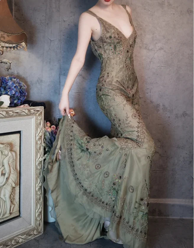 Vintage Sage Green Beaded Mermaid Prom Dress with V-Neck and Low Back