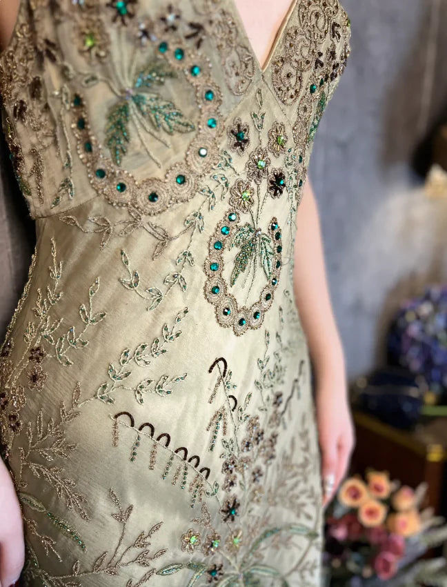 Vintage Sage Green Beaded Mermaid Prom Dress with V-Neck and Low Back