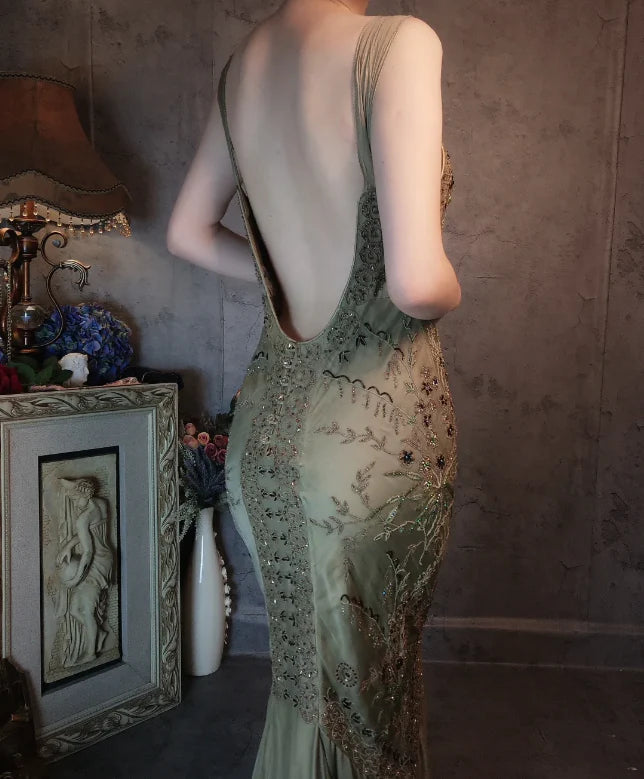 Vintage Sage Green Beaded Mermaid Prom Dress with V-Neck and Low Back
