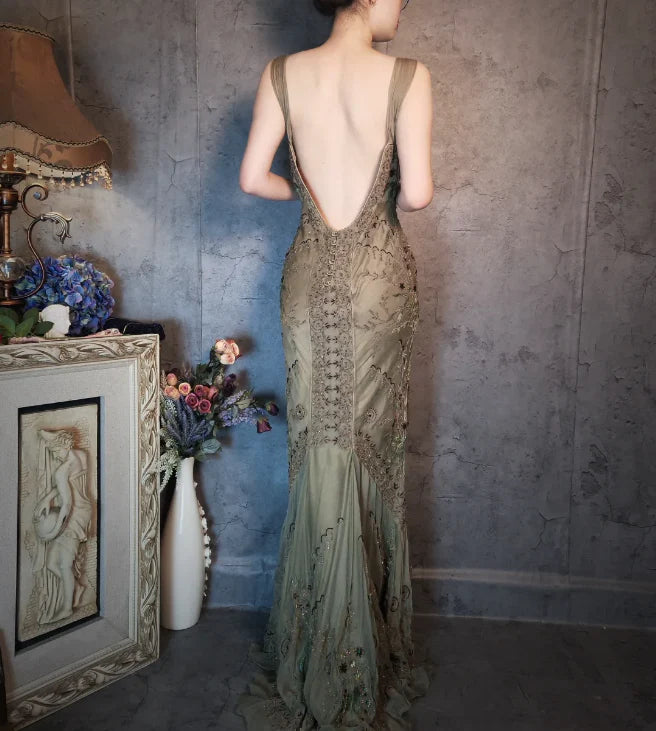 Vintage Sage Green Beaded Mermaid Prom Dress with V-Neck and Low Back