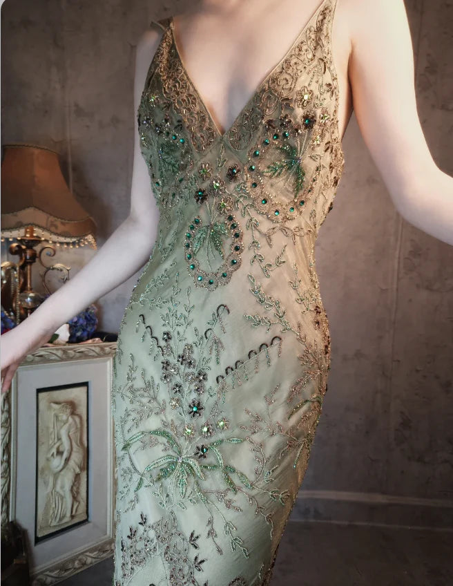 Vintage Sage Green Beaded Mermaid Prom Dress with V-Neck and Low Back