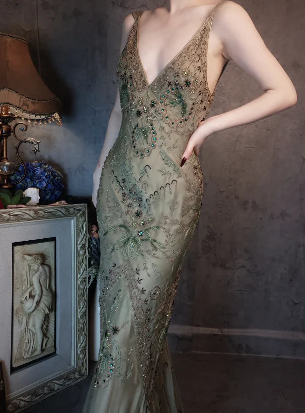 Vintage Sage Green Beaded Mermaid Prom Dress with V-Neck and Low Back