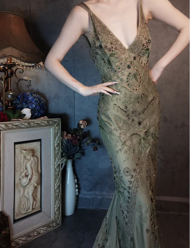 Vintage Sage Green Beaded Mermaid Prom Dress with V-Neck and Low Back