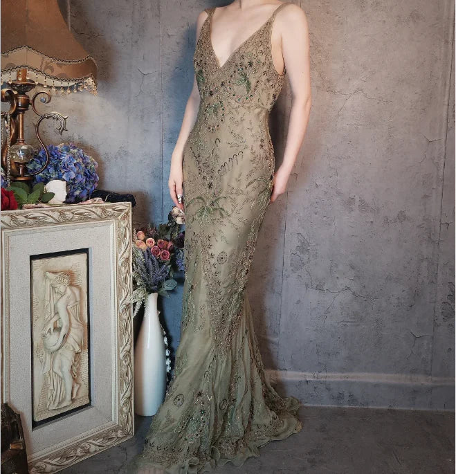 Vintage Sage Green Beaded Mermaid Prom Dress with V-Neck and Low Back