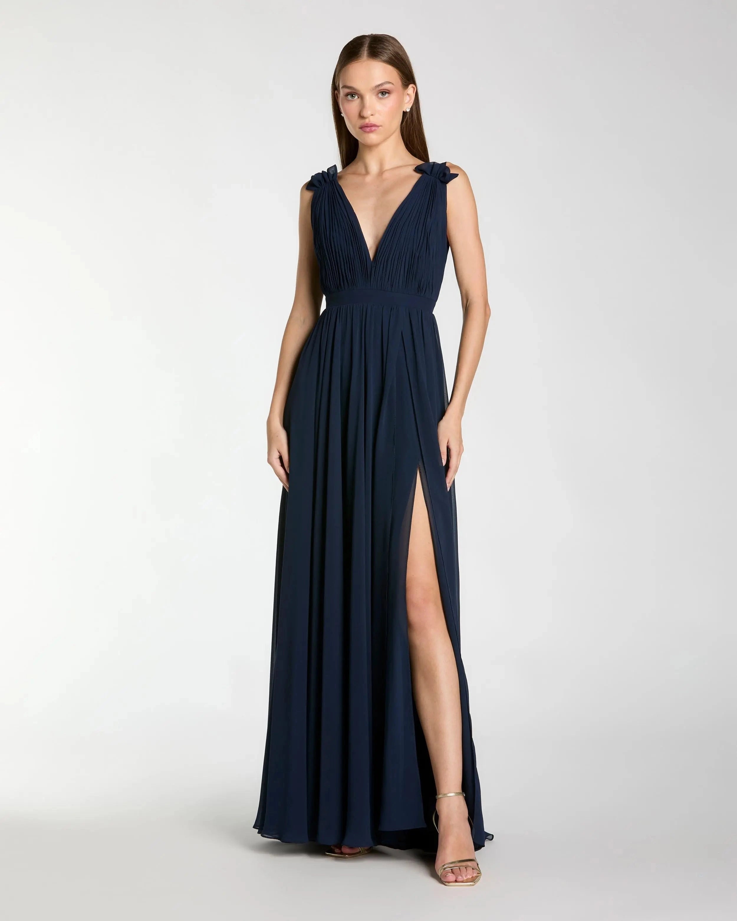 V neck bow strap chiffon high slit a line prom gown