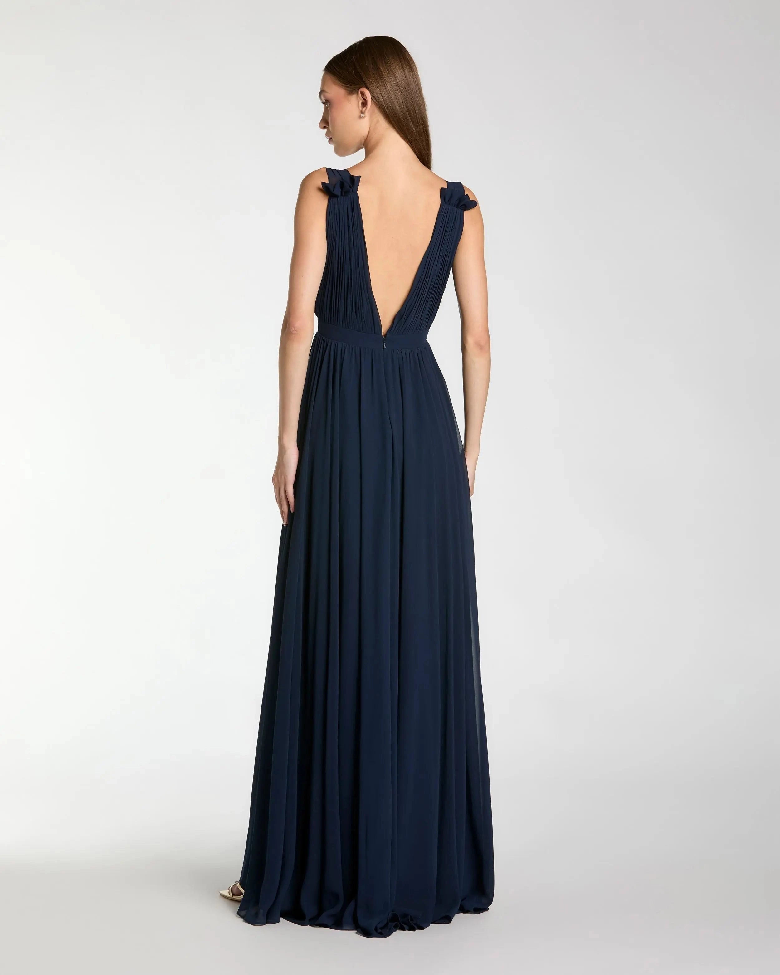 V neck bow strap chiffon high slit a line prom gown