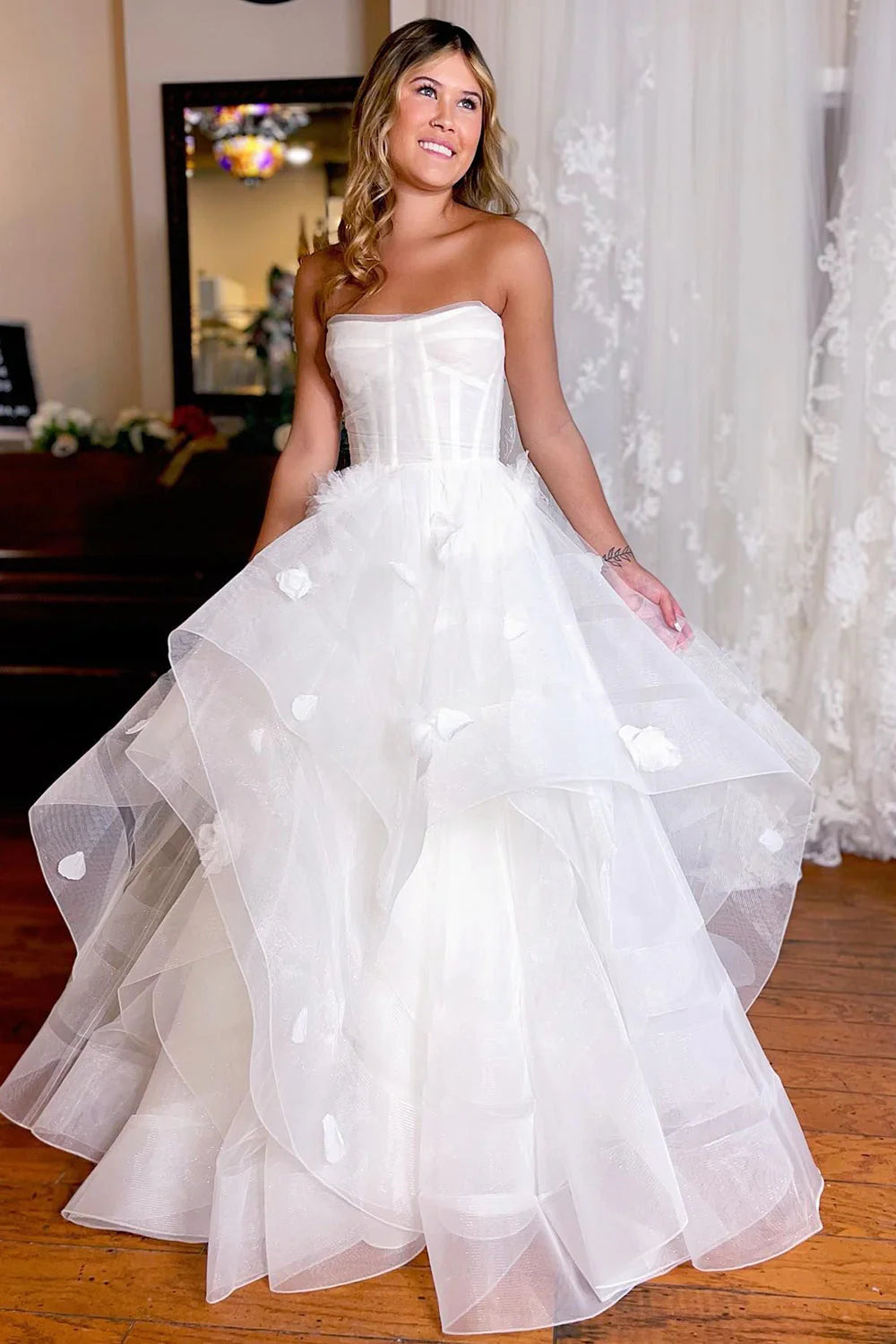 A-Line Asymmetrical Wedding Dress with Flowers
