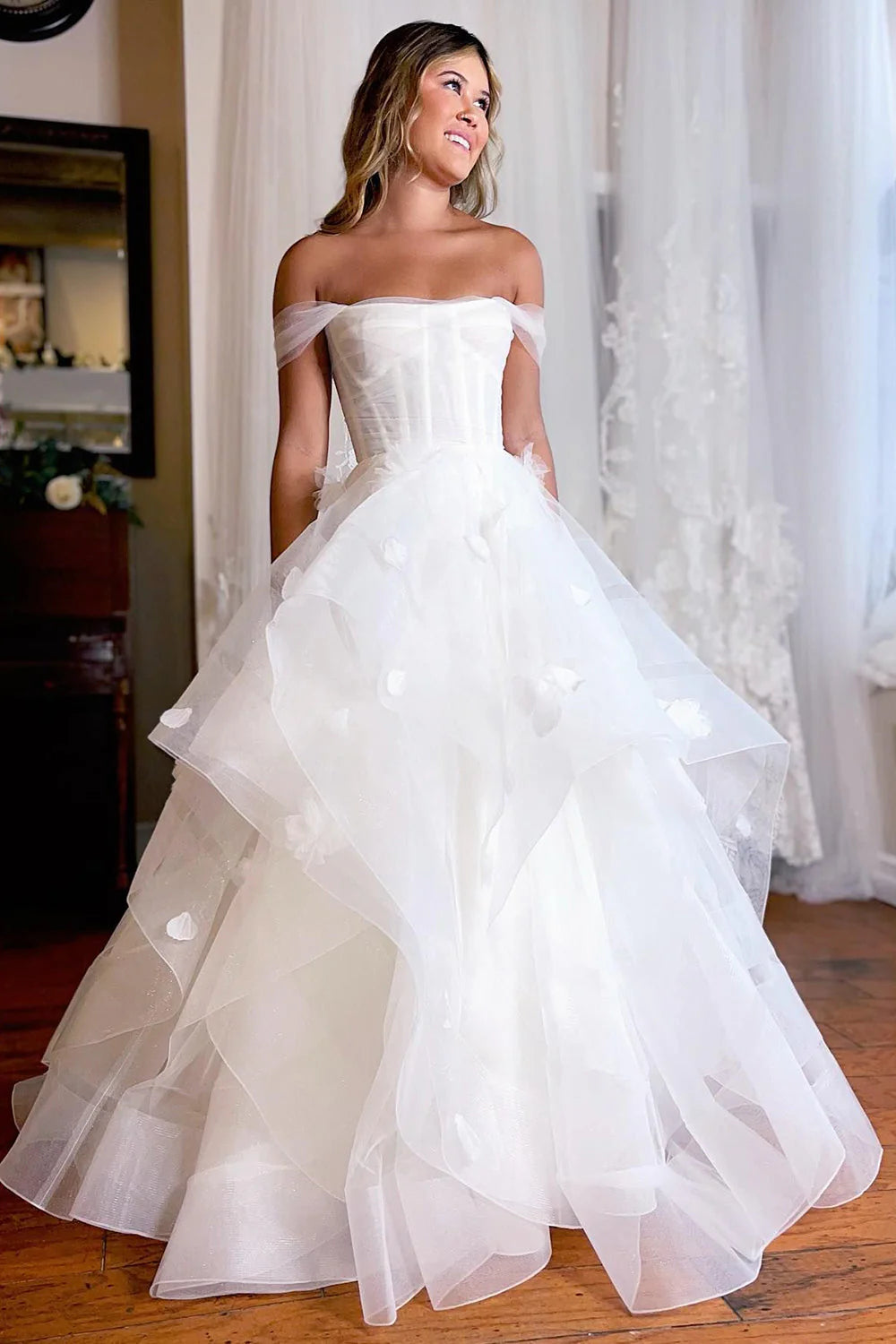 A-Line Asymmetrical Wedding Dress with Flowers