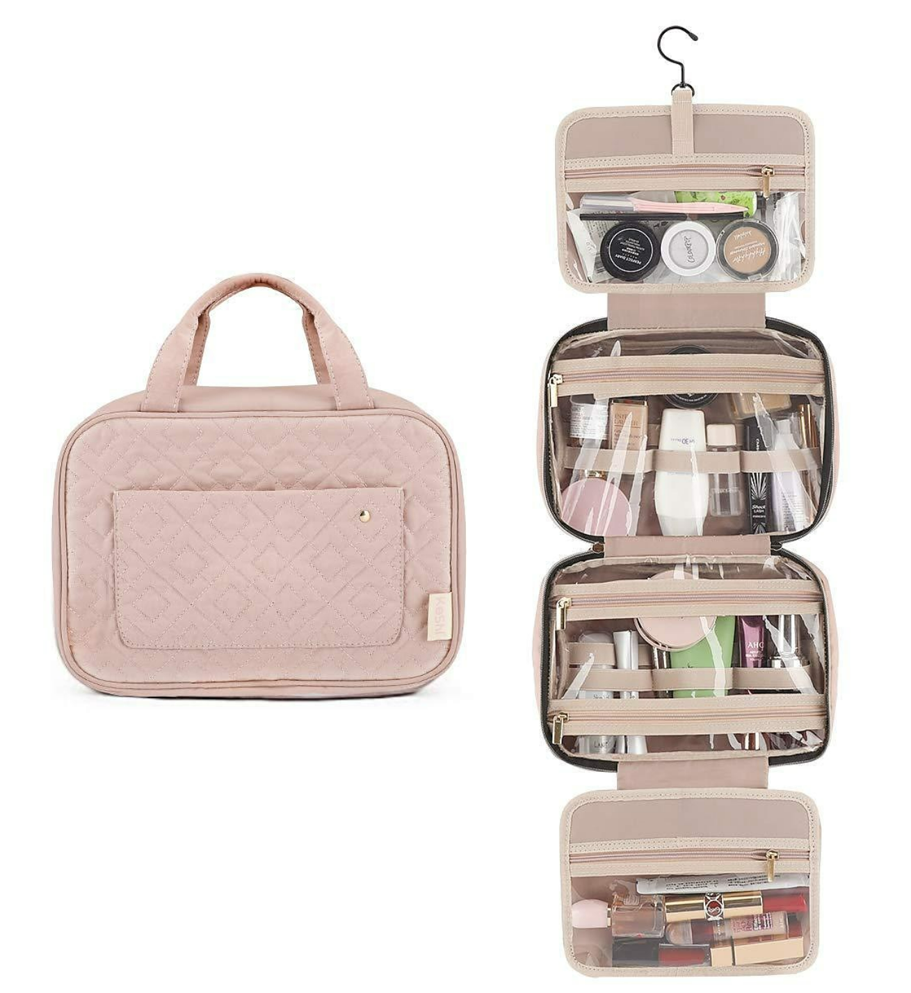 Water-resistant toiletry bag with hanging hook, closed front view.