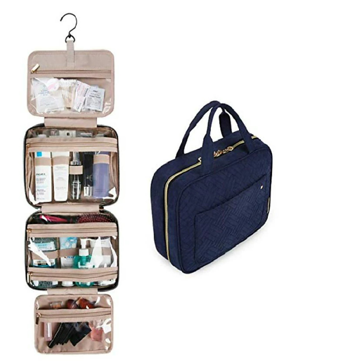 Open toiletry bag showing multiple mesh and zippered compartments.