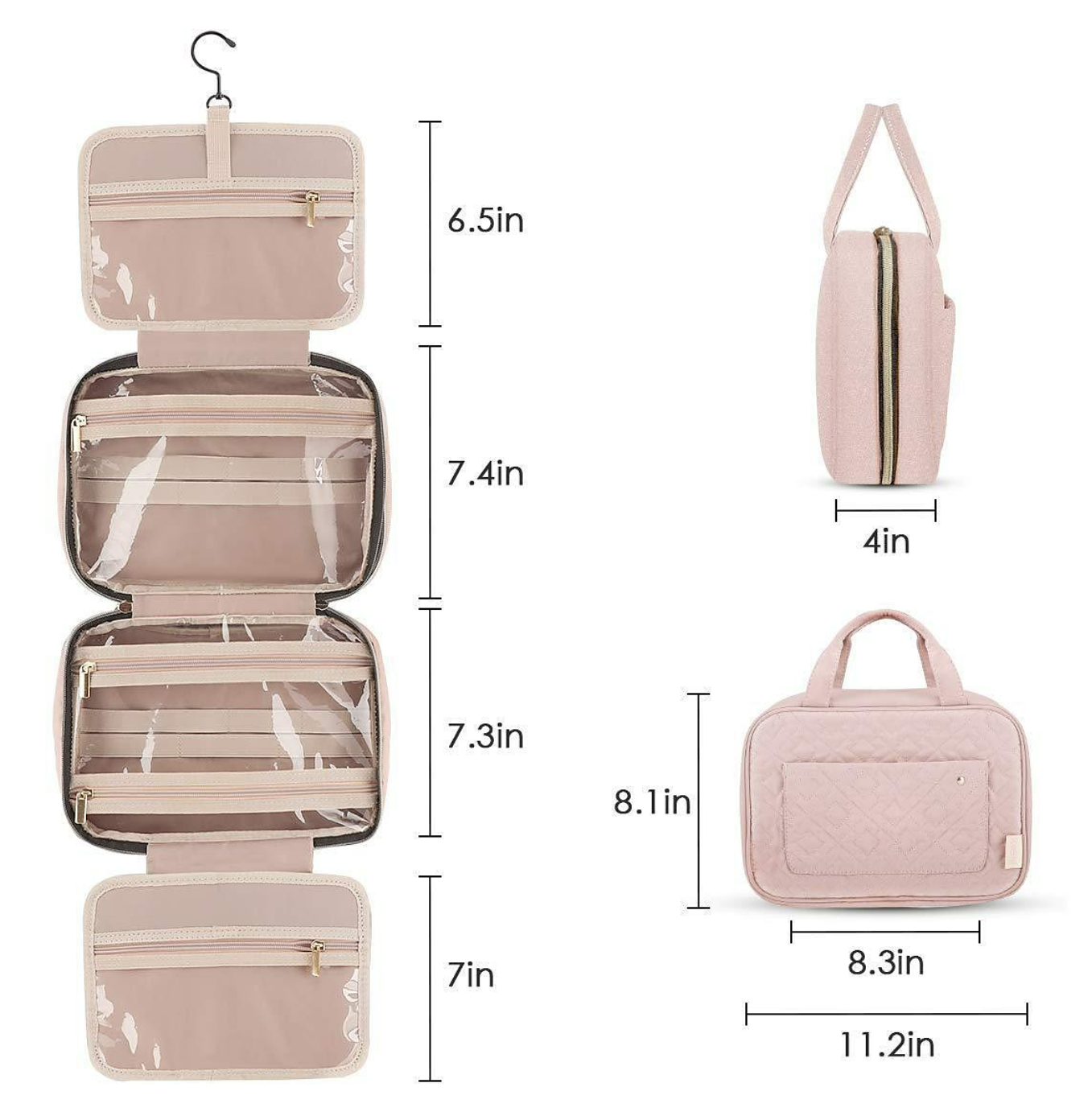 Toiletry bag hanging from a hook, fully open with items inside.