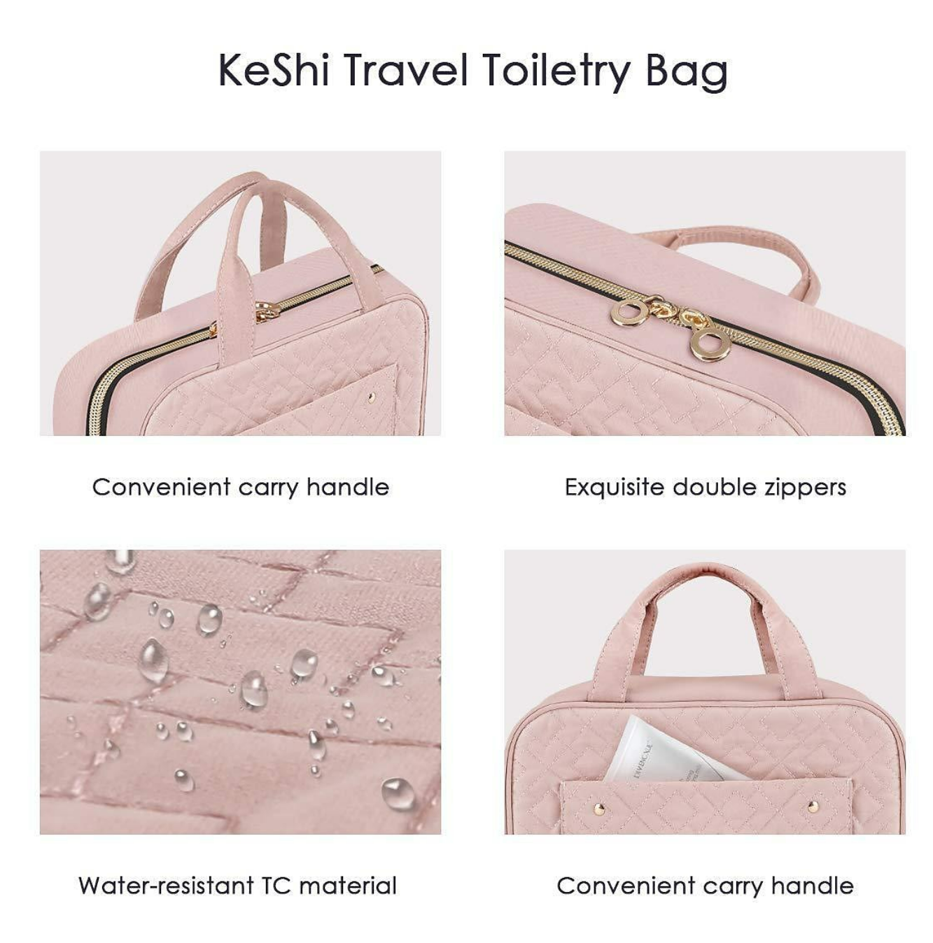 Interior view of the travel organizer filled with shampoo bottles and cosmetics.