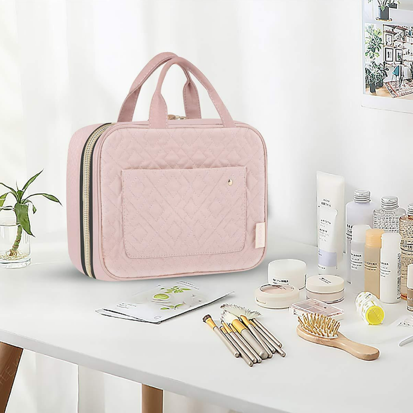Toiletry bag with a close-up of the durable, water-resistant fabric.