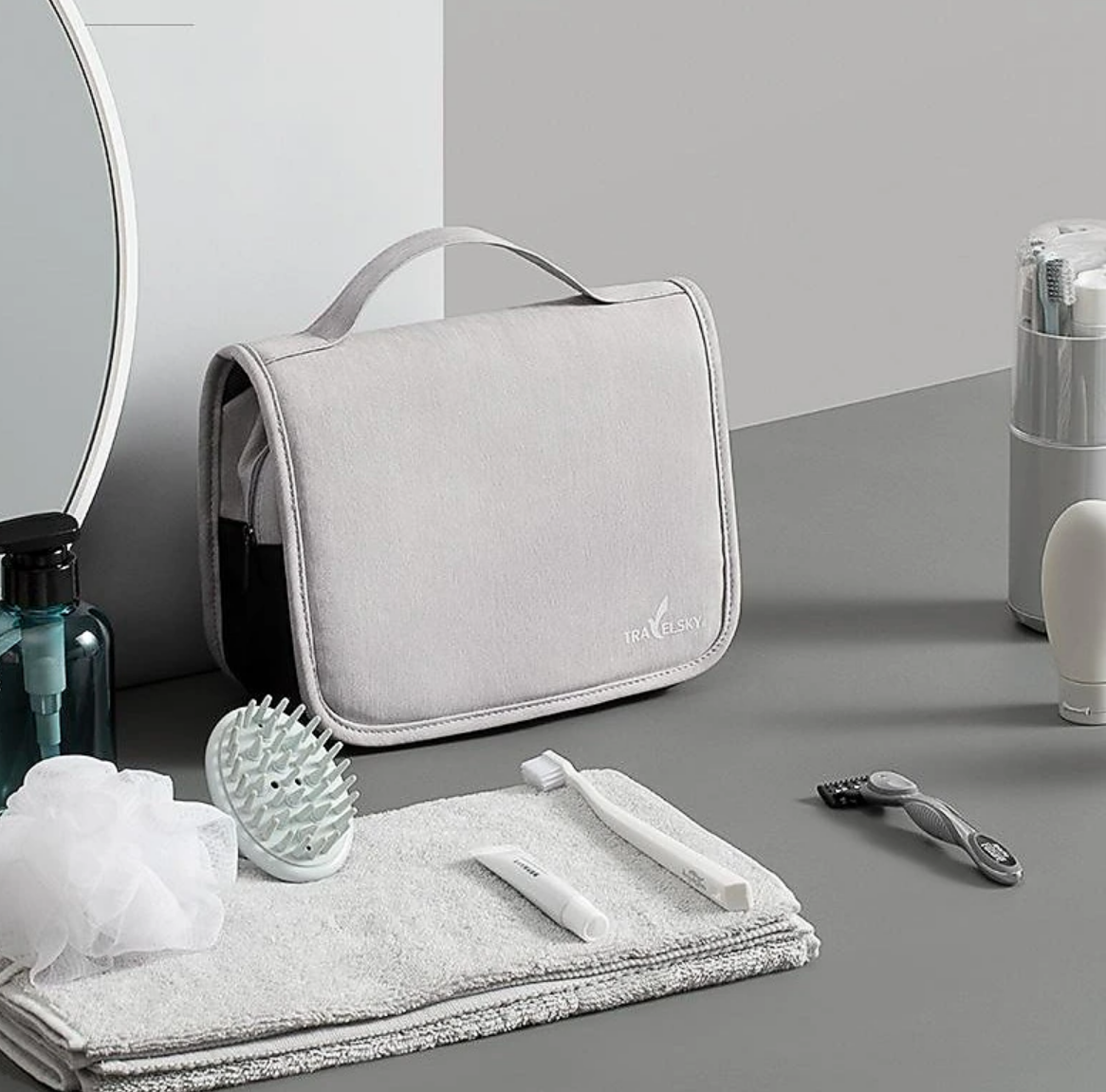 Closed water-resistant travel bag, ready for packing.