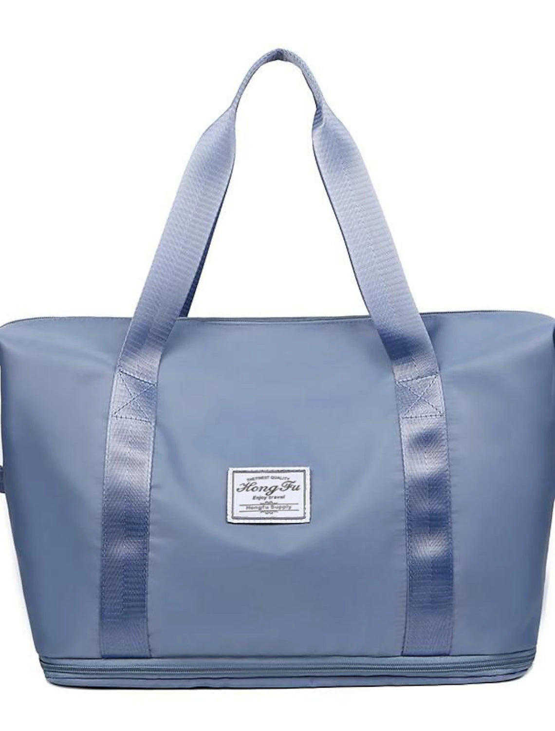 Blue foldable duffle bag, shown in its compact folded state.