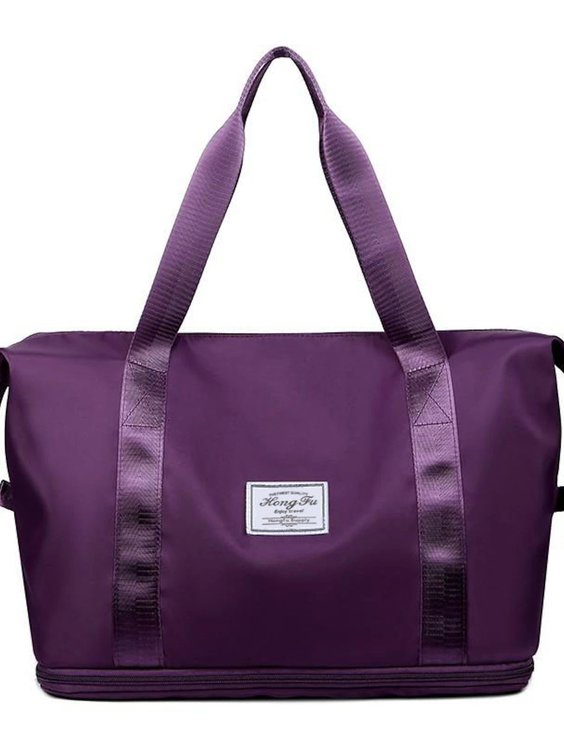 Purple multifunctional travel tote bag, displayed with ample interior space.