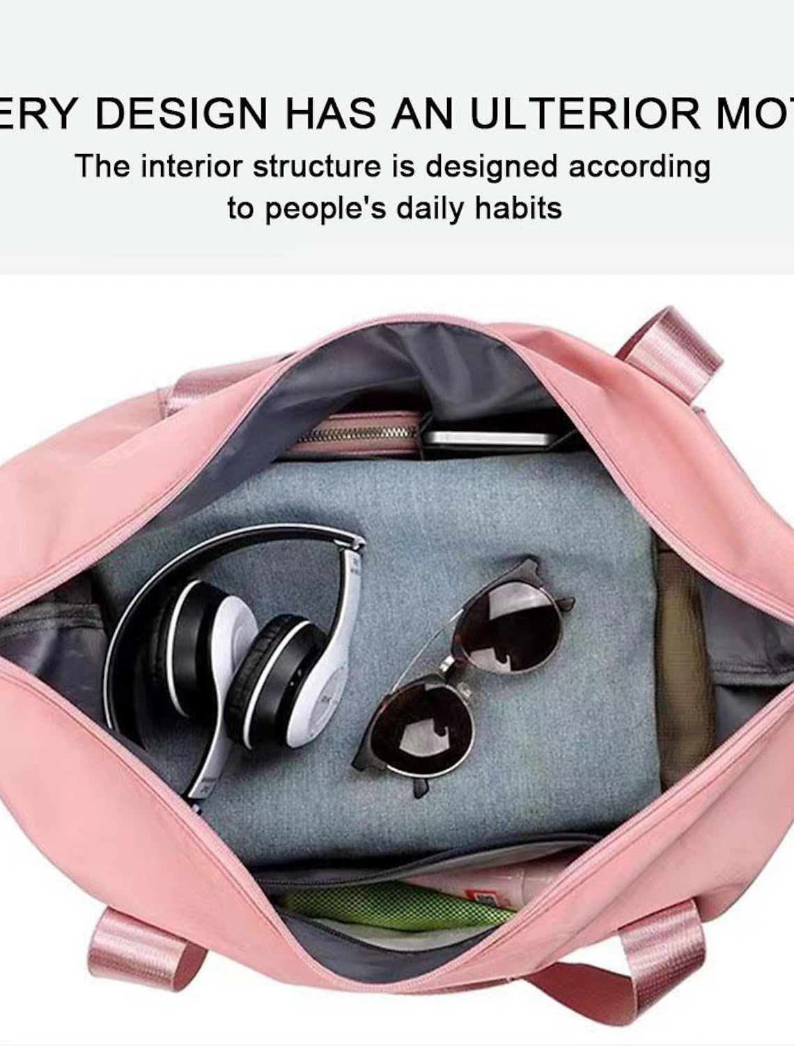 Blue lightweight folding travel bag, held by hand for scale.
