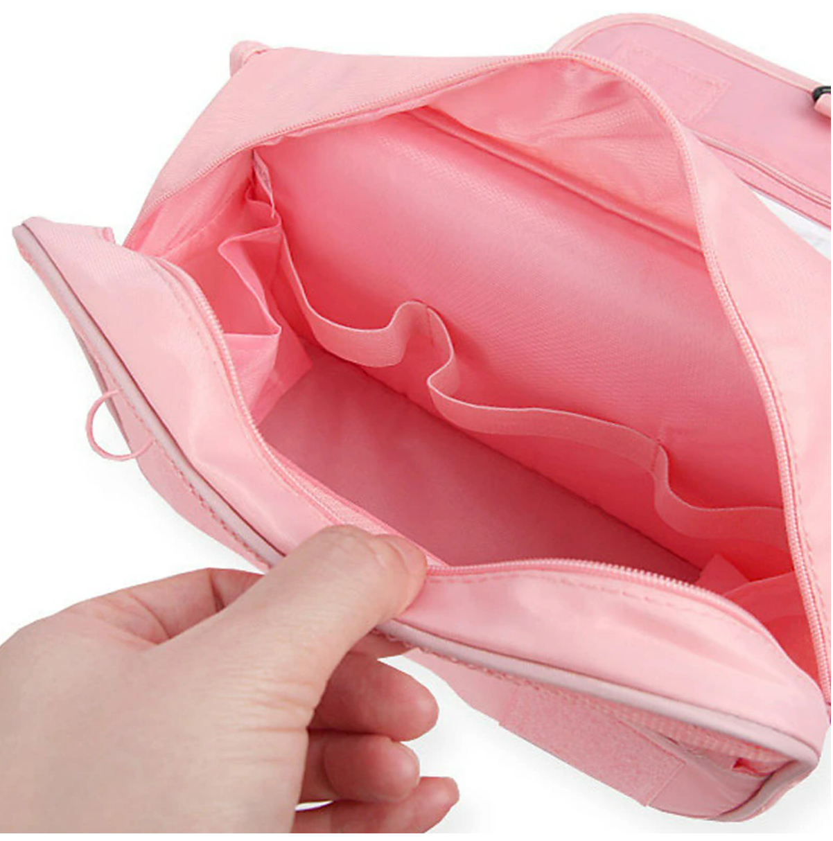 Waterproof hanging travel bag with multiple compartments.