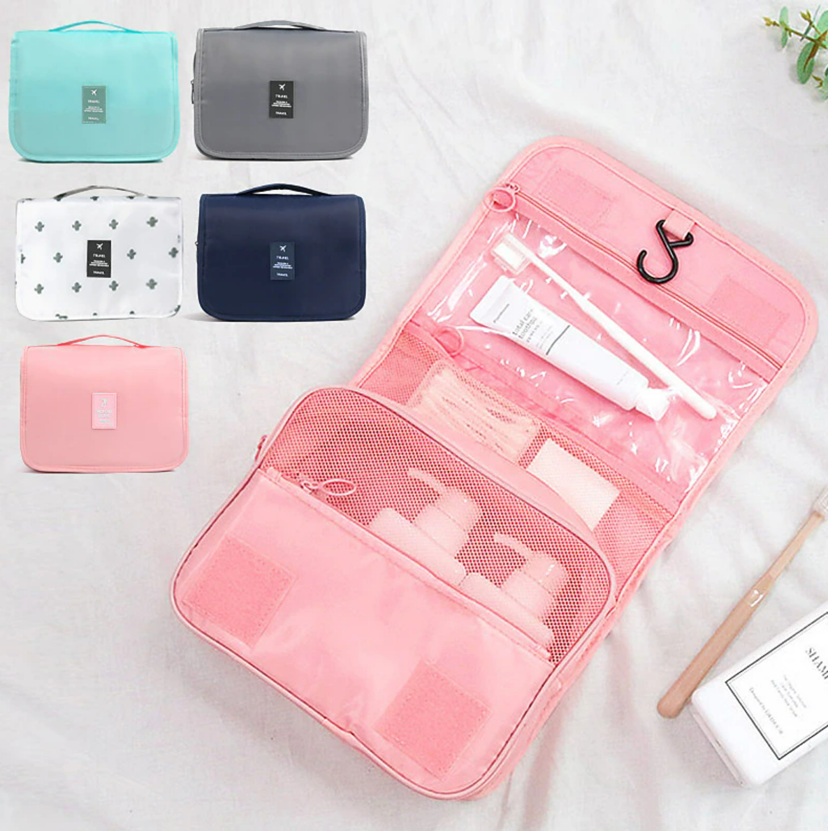 Portable makeup organizer bag with a secure zipper.