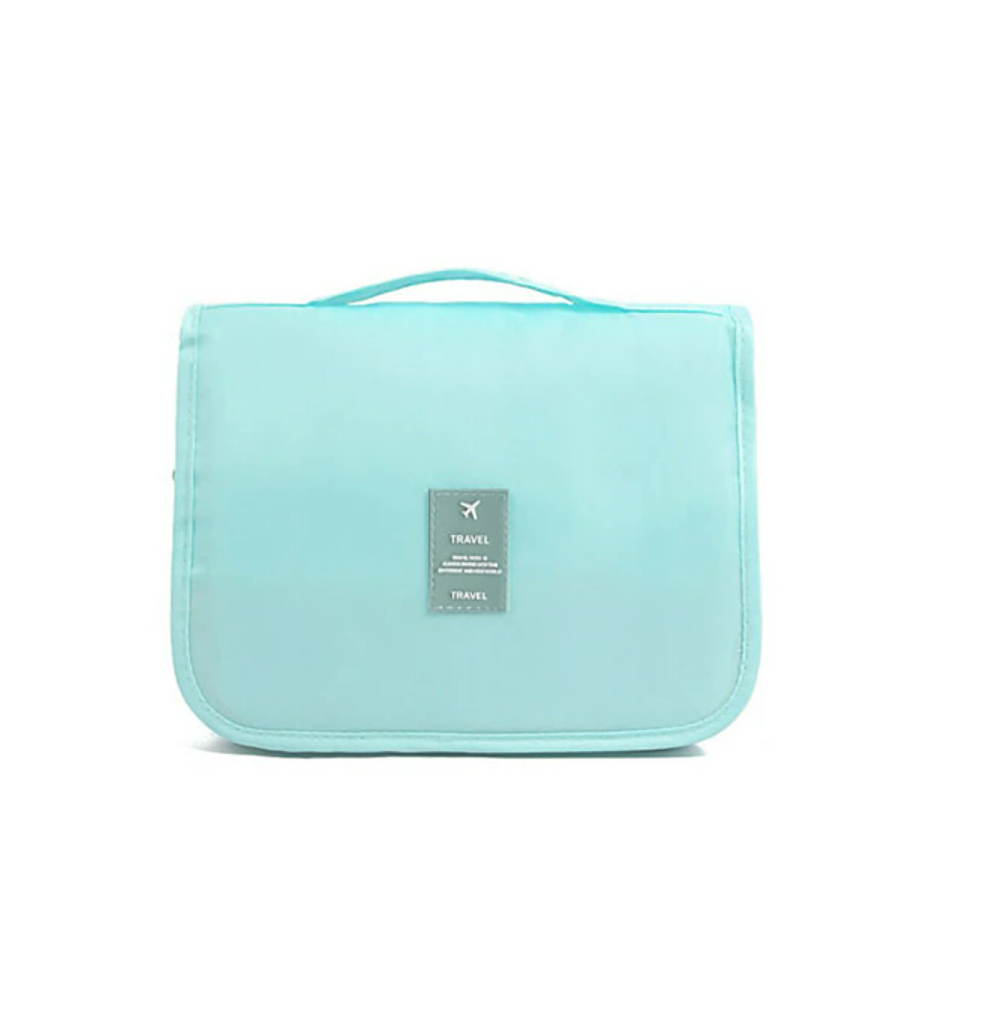 Hanging wash bag with various toiletries inside.