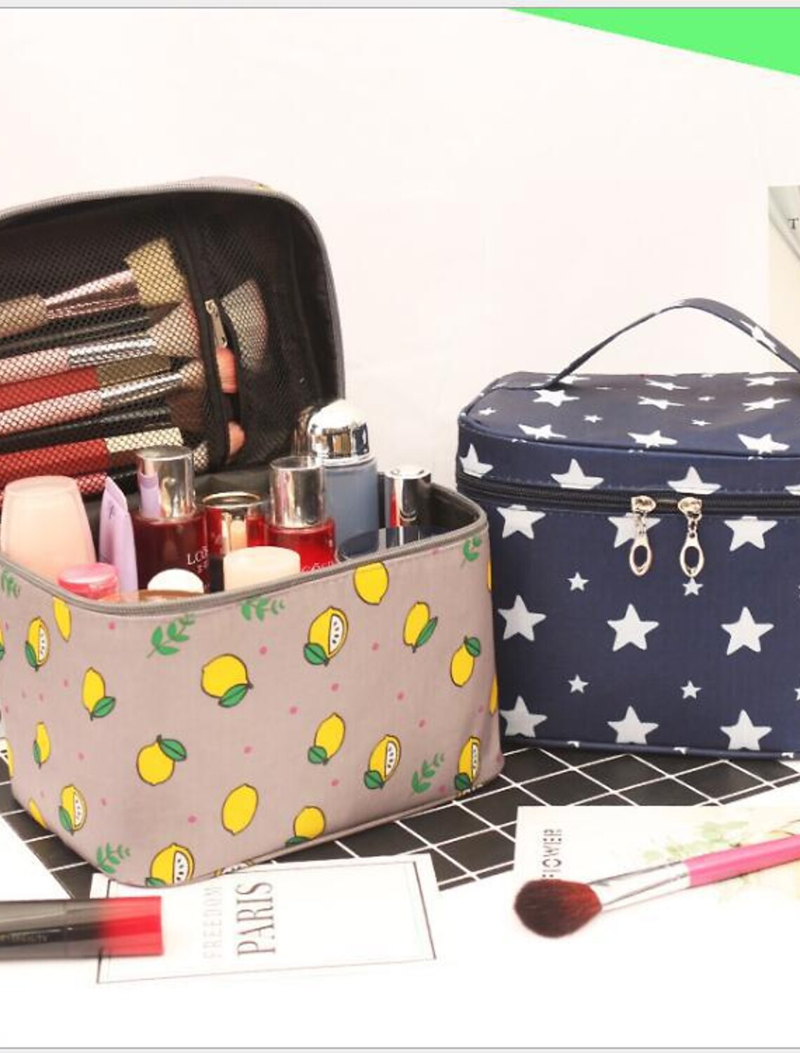 Waterproof portable makeup bag with zipper closure.