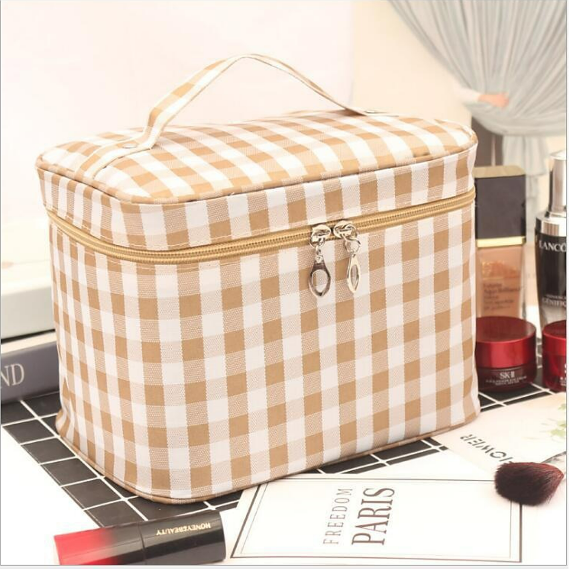 High capacity cosmetic pouch for travel essentials.