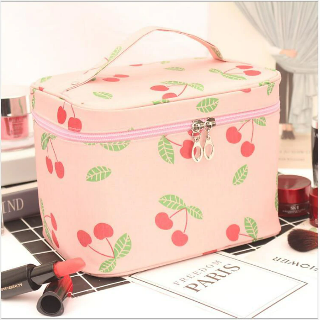 Portable beauty pouch with durable waterproof material.