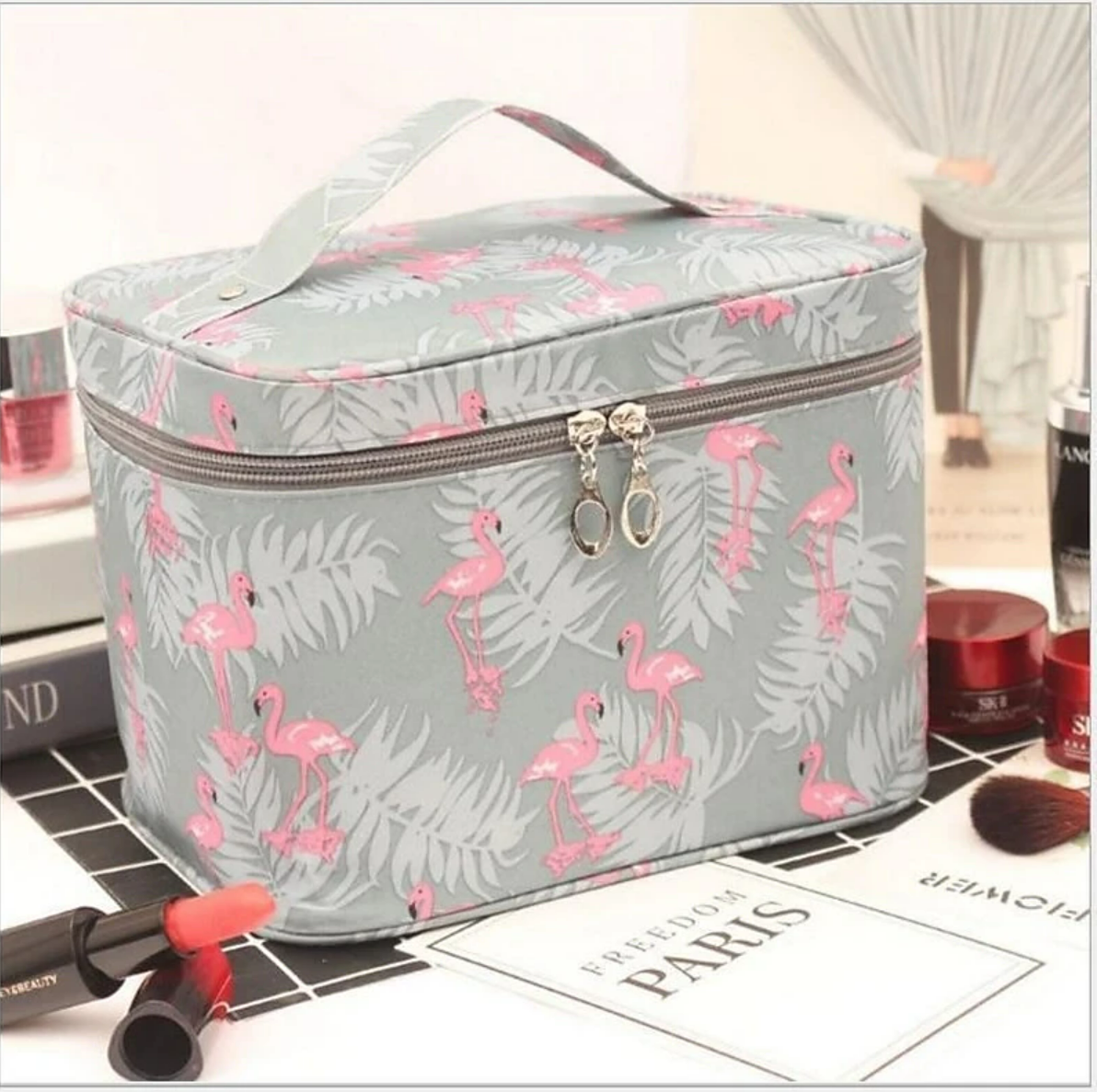 Zippered wash bag for women's toiletries.