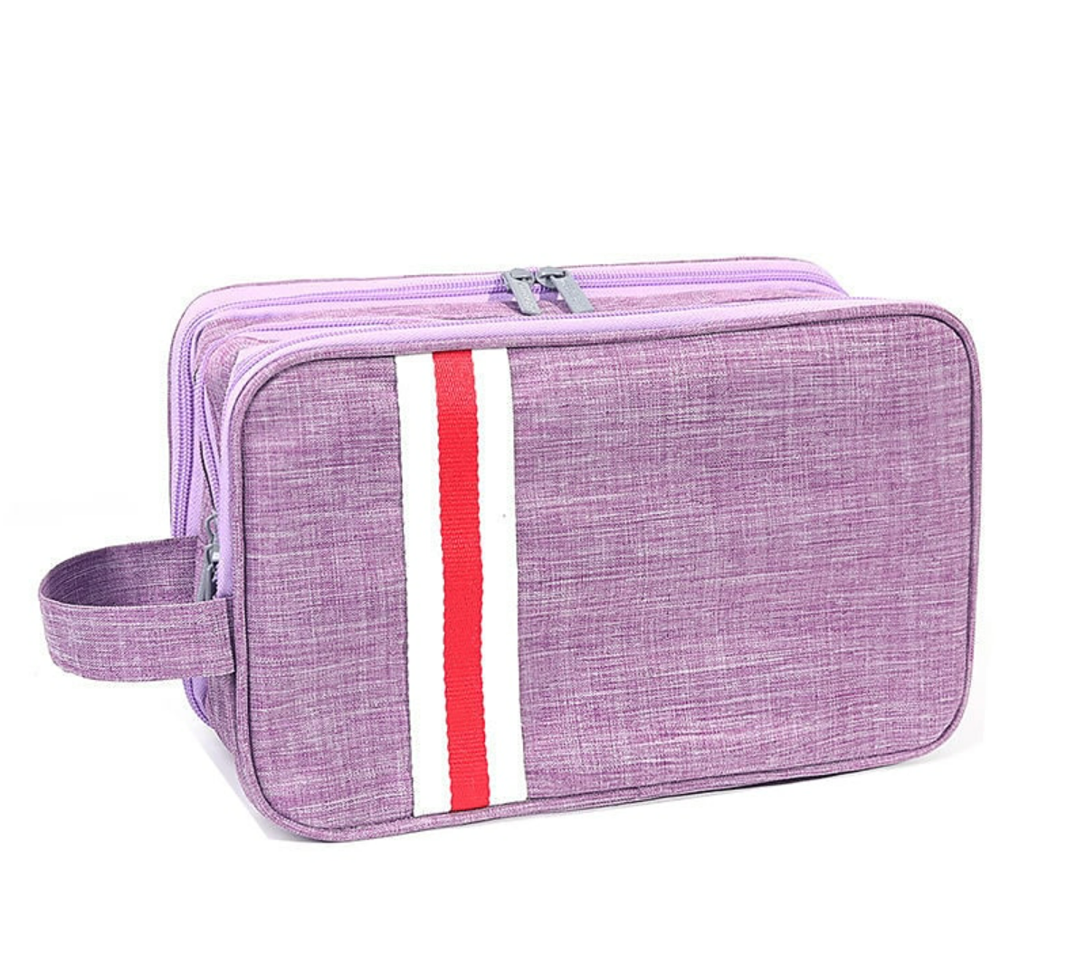 Toiletry bag organized with personal care items inside.