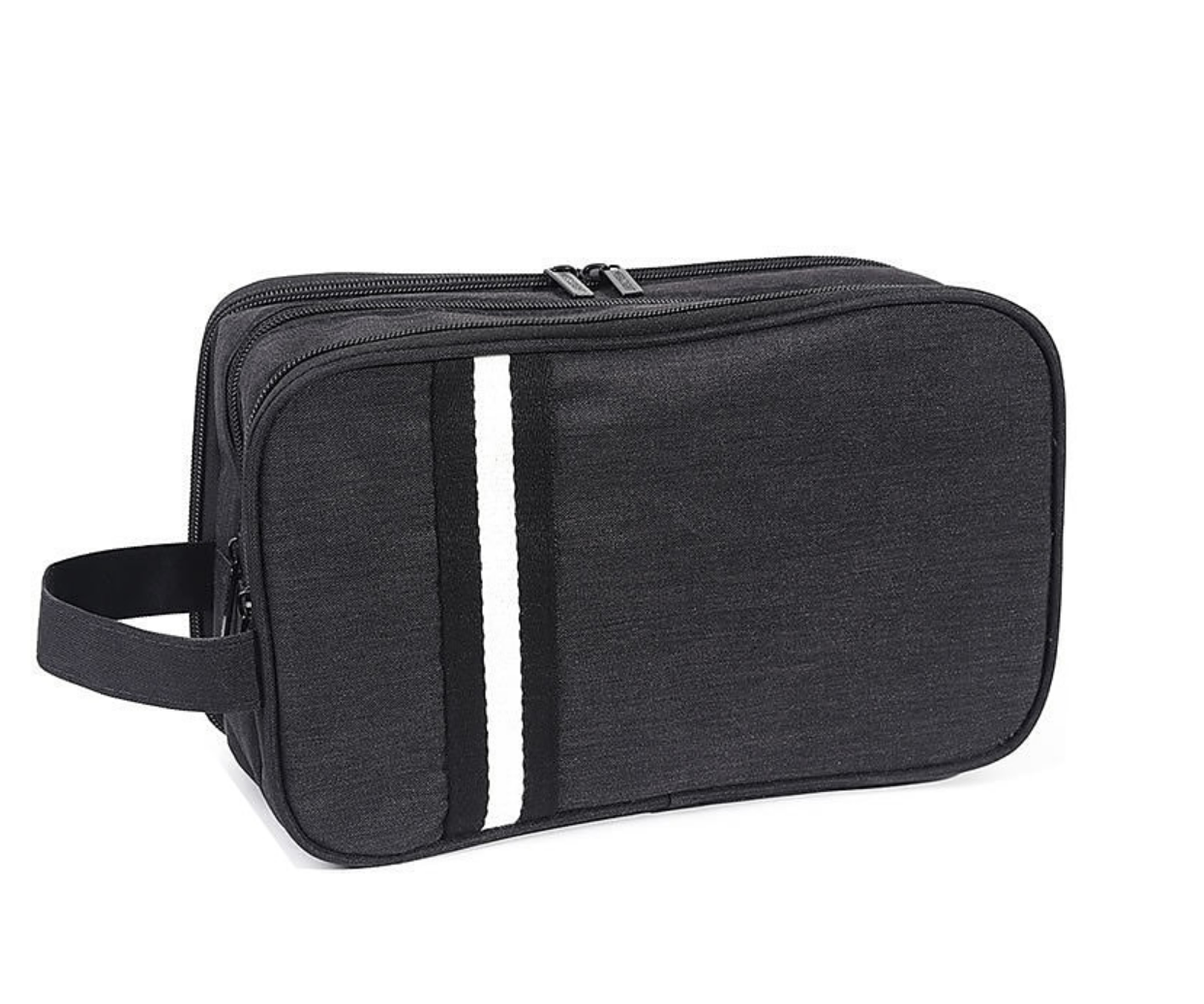 Waterproof toiletry bag hanging, showcasing its capacity and hook.