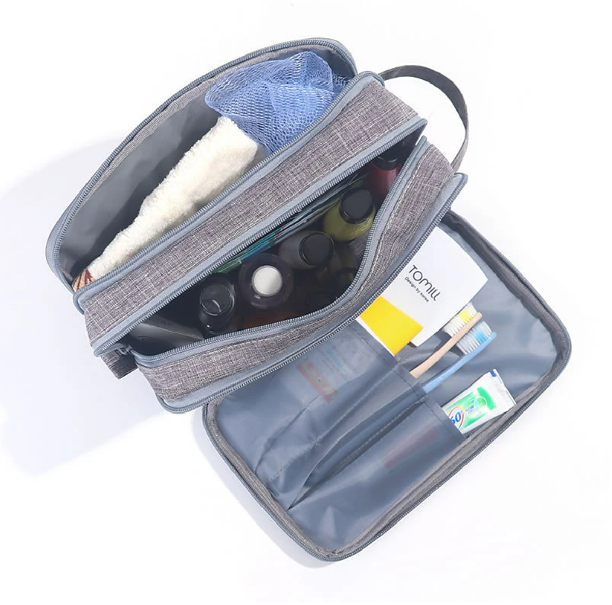 Front view of the toiletry bag with an accessible zippered pocket.