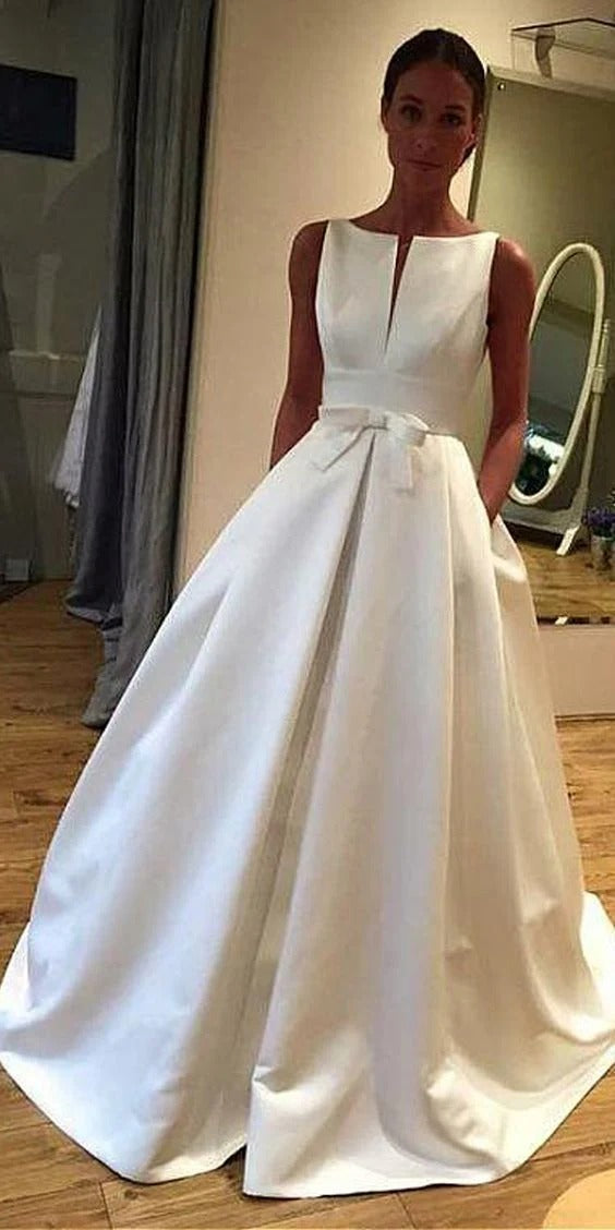 Wedding Dress White Sleeveless A Line Satin Gown With Bow Accent And V Back Formal Bridal Gown