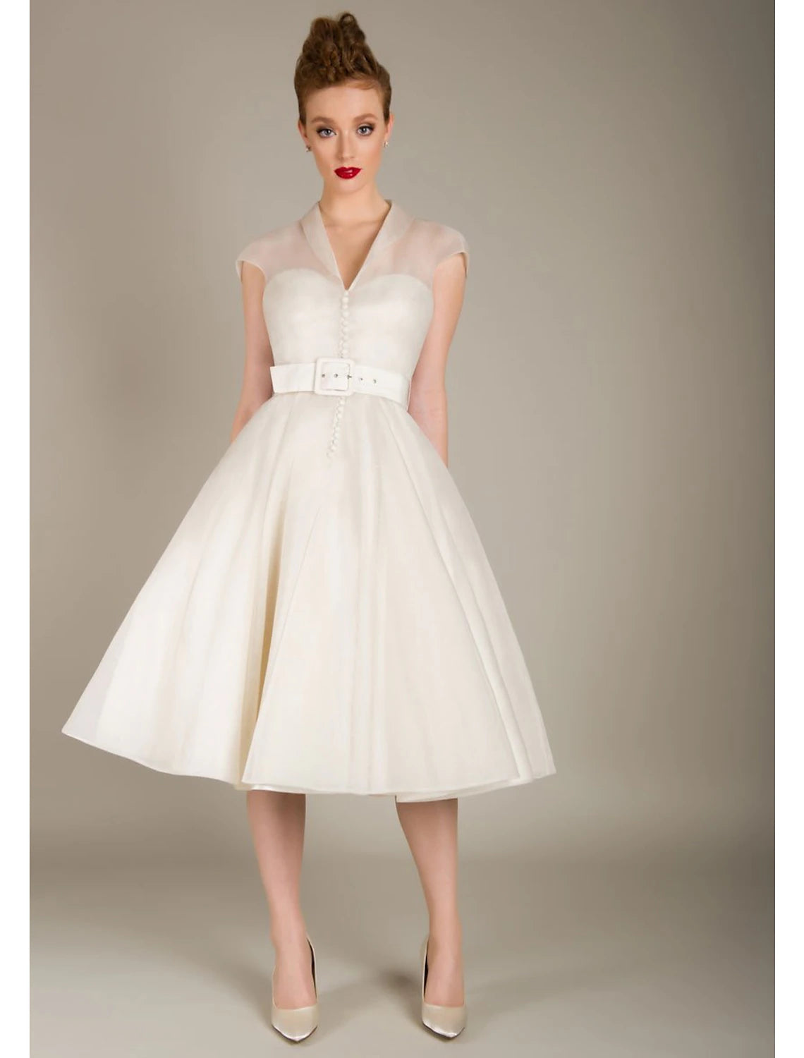 A-Line V-Neck Tulle Cocktail Dress with sash, front view.