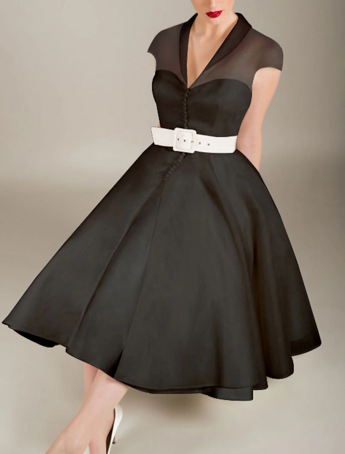 A-Line V-Neck Tulle Cocktail Dress, showing knee-length hem.