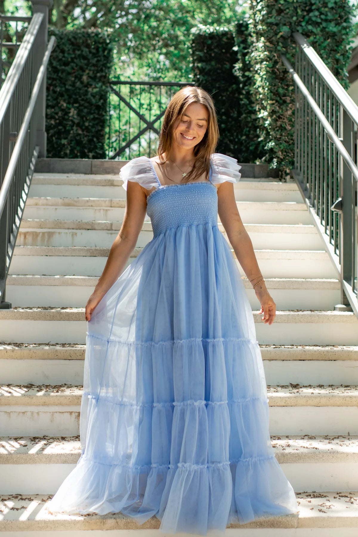 Whimsical A Line Square Neck Ruffled Tulle Maxi Prom Dress in Light Blue for Formal Events