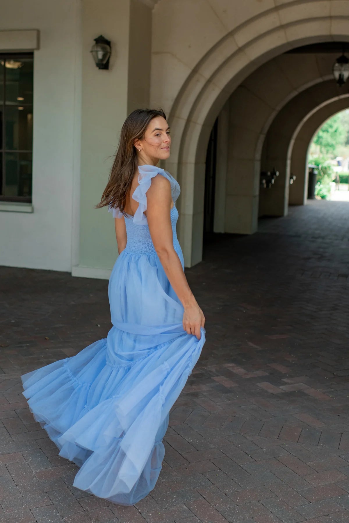 Whimsical A Line Square Neck Ruffled Tulle Maxi Prom Dress in Light Blue for Formal Events