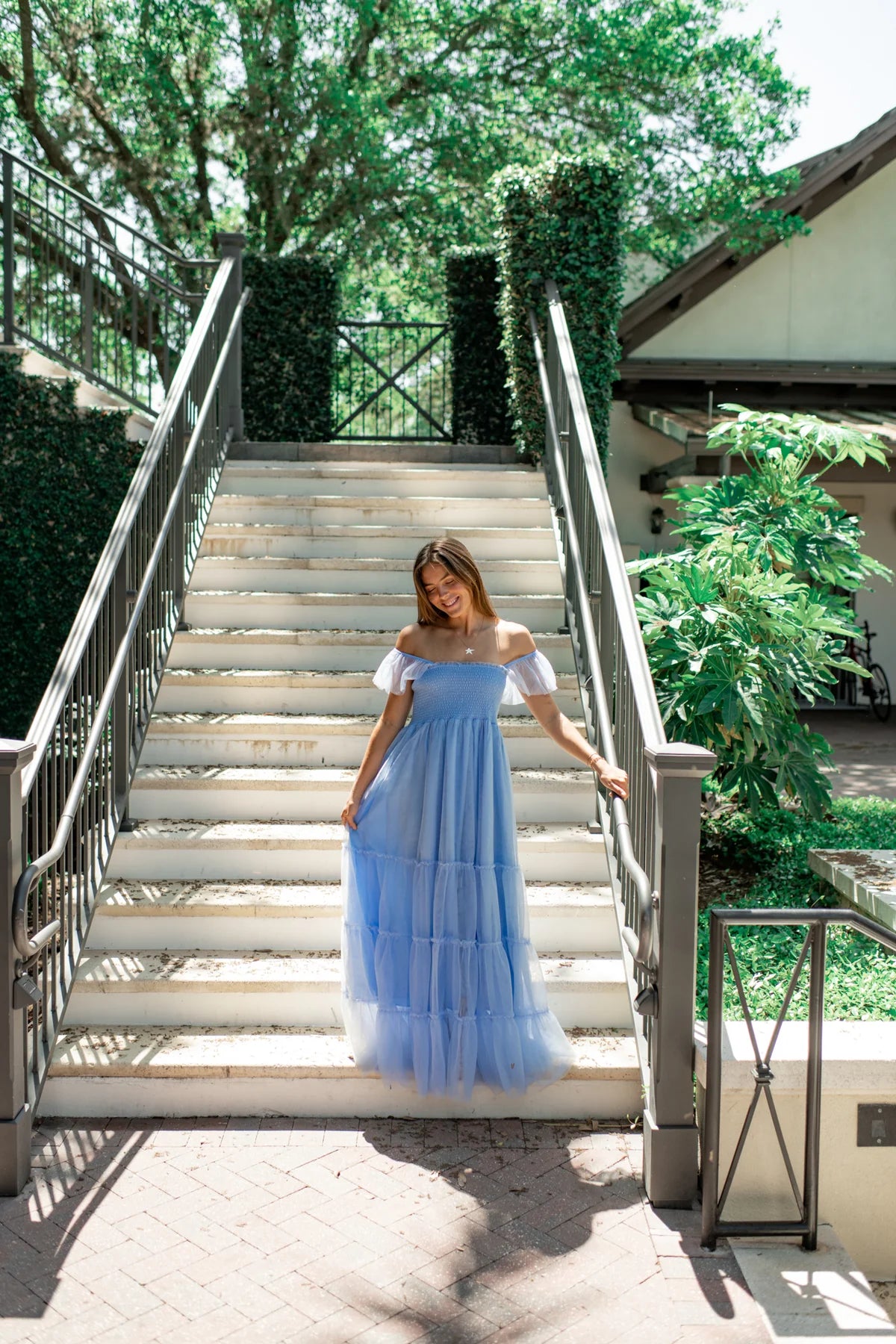 Whimsical A Line Square Neck Ruffled Tulle Maxi Prom Dress in Light Blue for Formal Events