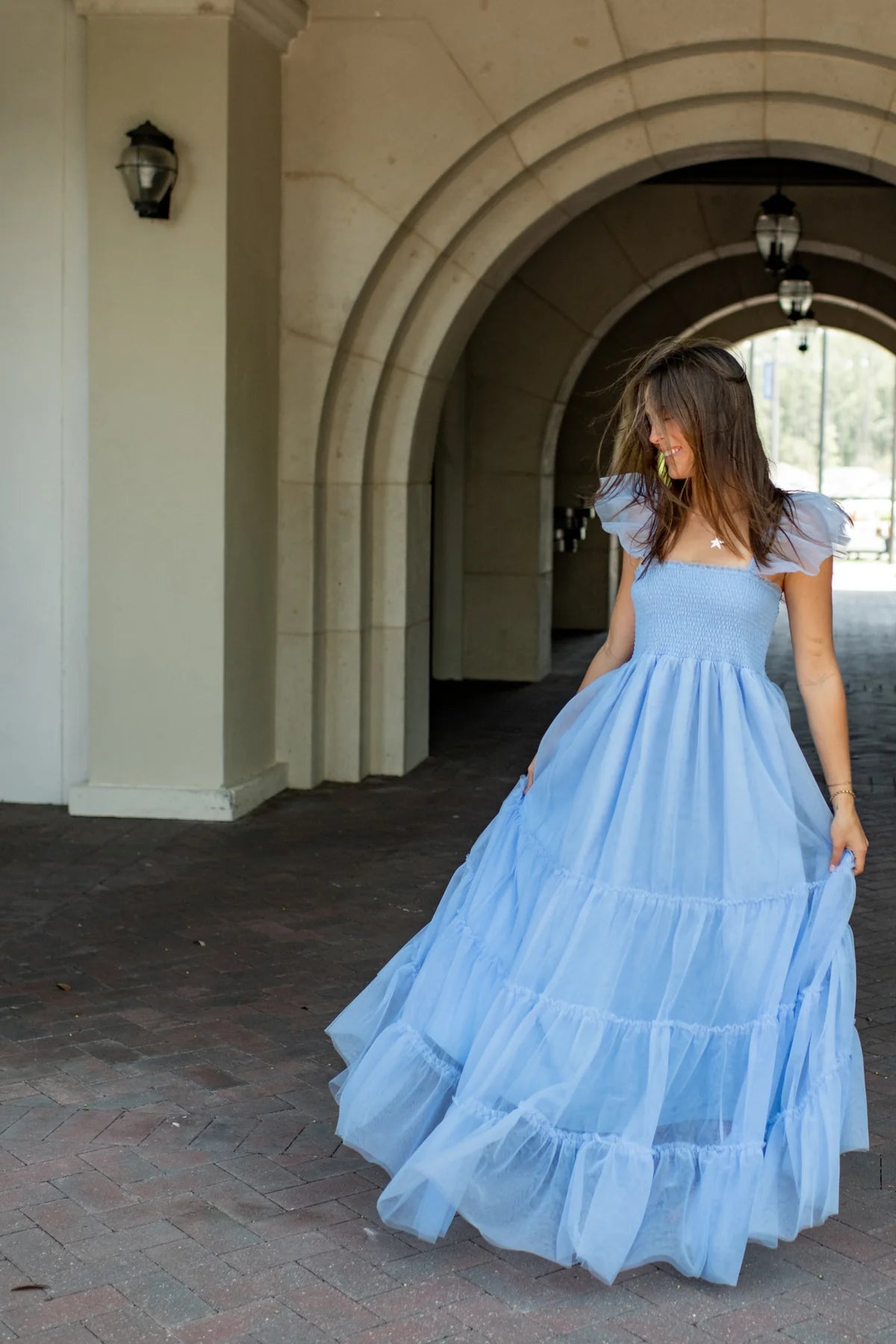 Whimsical A Line Square Neck Ruffled Tulle Maxi Prom Dress in Light Blue for Formal Events