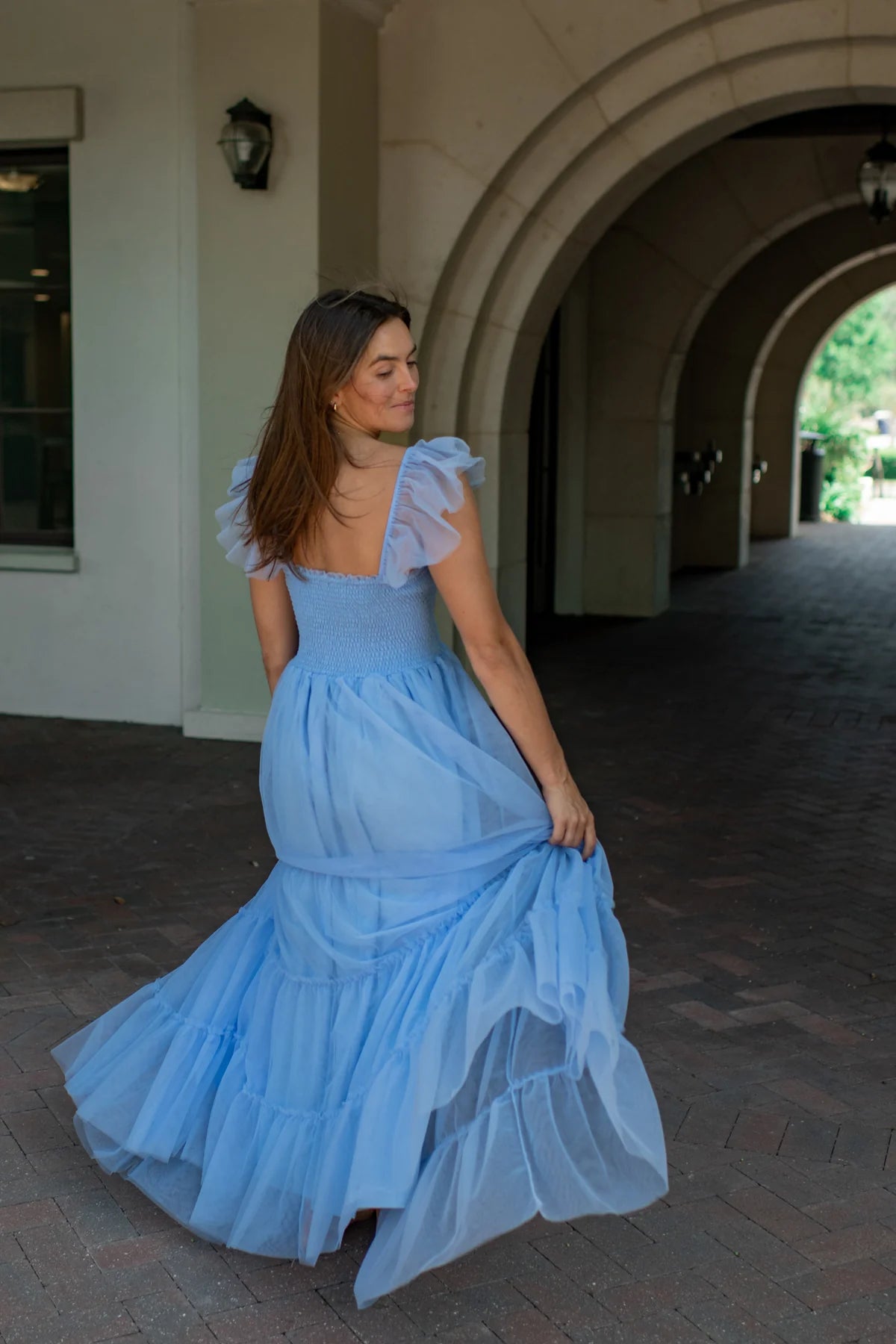 Whimsical A Line Square Neck Ruffled Tulle Maxi Prom Dress in Light Blue for Formal Events