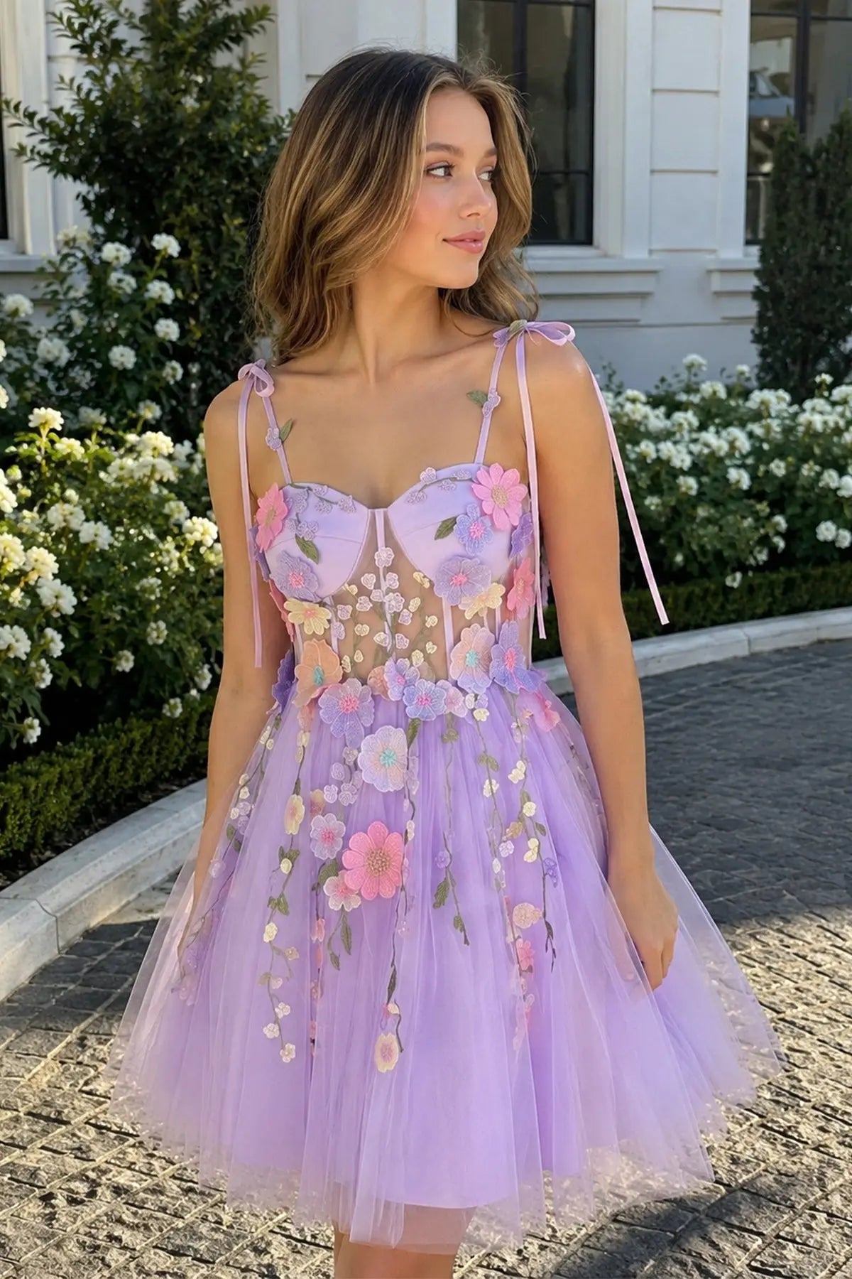 Whimsical A-Line Sweetheart Floral Corset Lavender Mini Homecoming Dress For Women